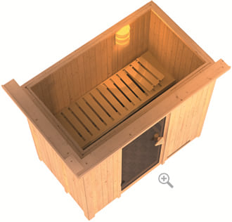 Sauna multifunzione finlandese infrarossi da interno e da casa Variado con stufa combo-bio con cornice LED sezione vista dall'alto