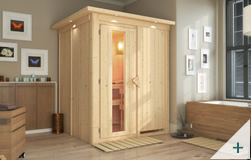 Sauna finlandese classica Rina coibentata con porta coibentata in legno e vetro con cornice LED