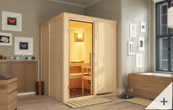 Sauna finlandese classica Rina coibentata con porta in vetro TRASPARENTE senza cornice LED