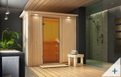 Sauna multifunzione finlandese infrarossi da interno e da casa Variado con stufa combo-bio con porta in vetro BRONZATO con cornice LED