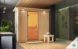 Sauna multifunzione finlandese infrarossi da interno e da casa Variado con stufa combo-bio con porta in vetro TRASPARENTE con cornice LED
